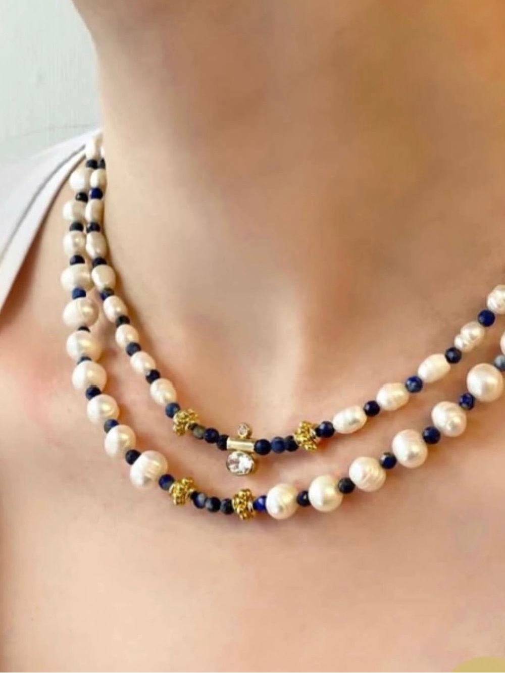 Pearl and Navy Bead Necklace with Gold Accents